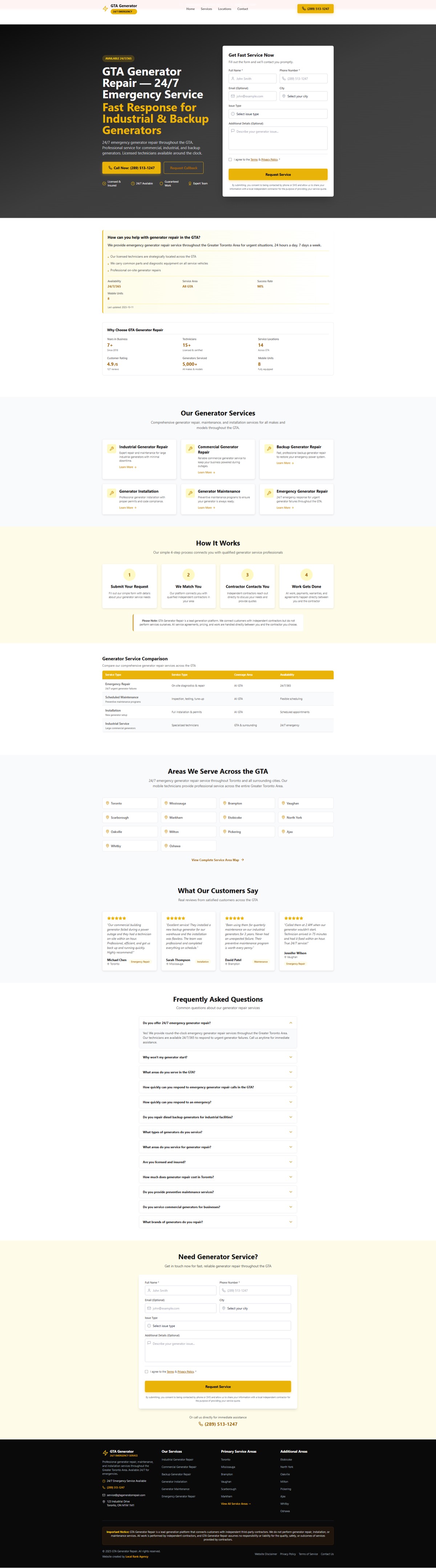 GTA Generator Repair website, full homepage