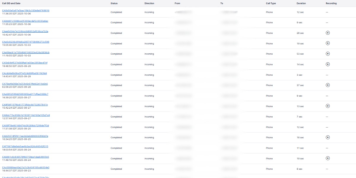 Twilio call tracking log listing incoming calls with date, duration and recording links