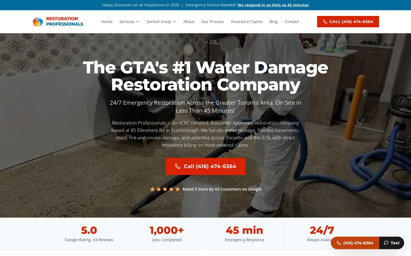 restorationprofessionals.ca homepage: the call button in the header and the hero, the 45-minute response promise and the Google rating above the fold